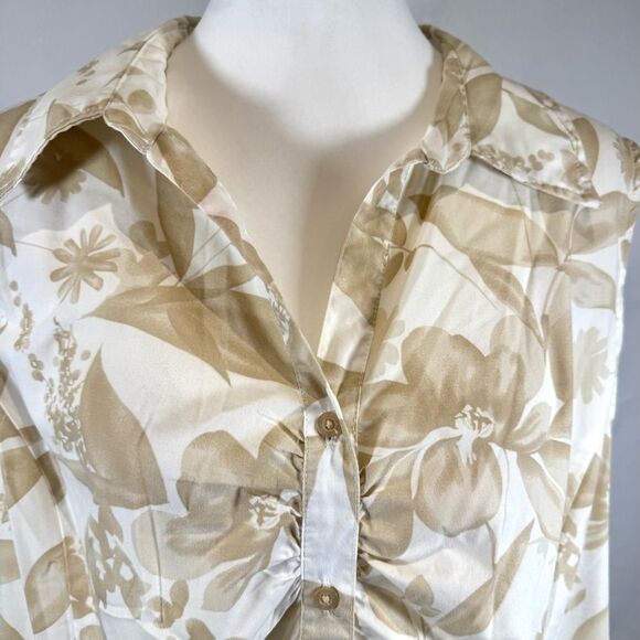 White Stag tan and white floral button down cotton blend poplin top size 2X - Picture 2 of 5
